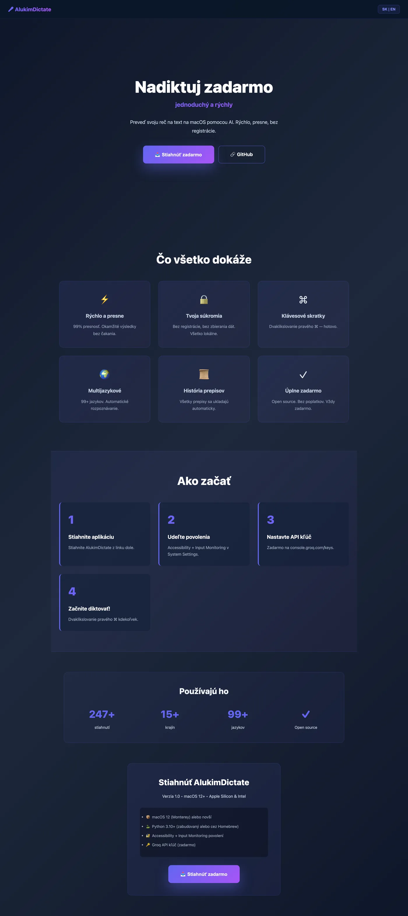 Celá úvodná stránka webu Dictate