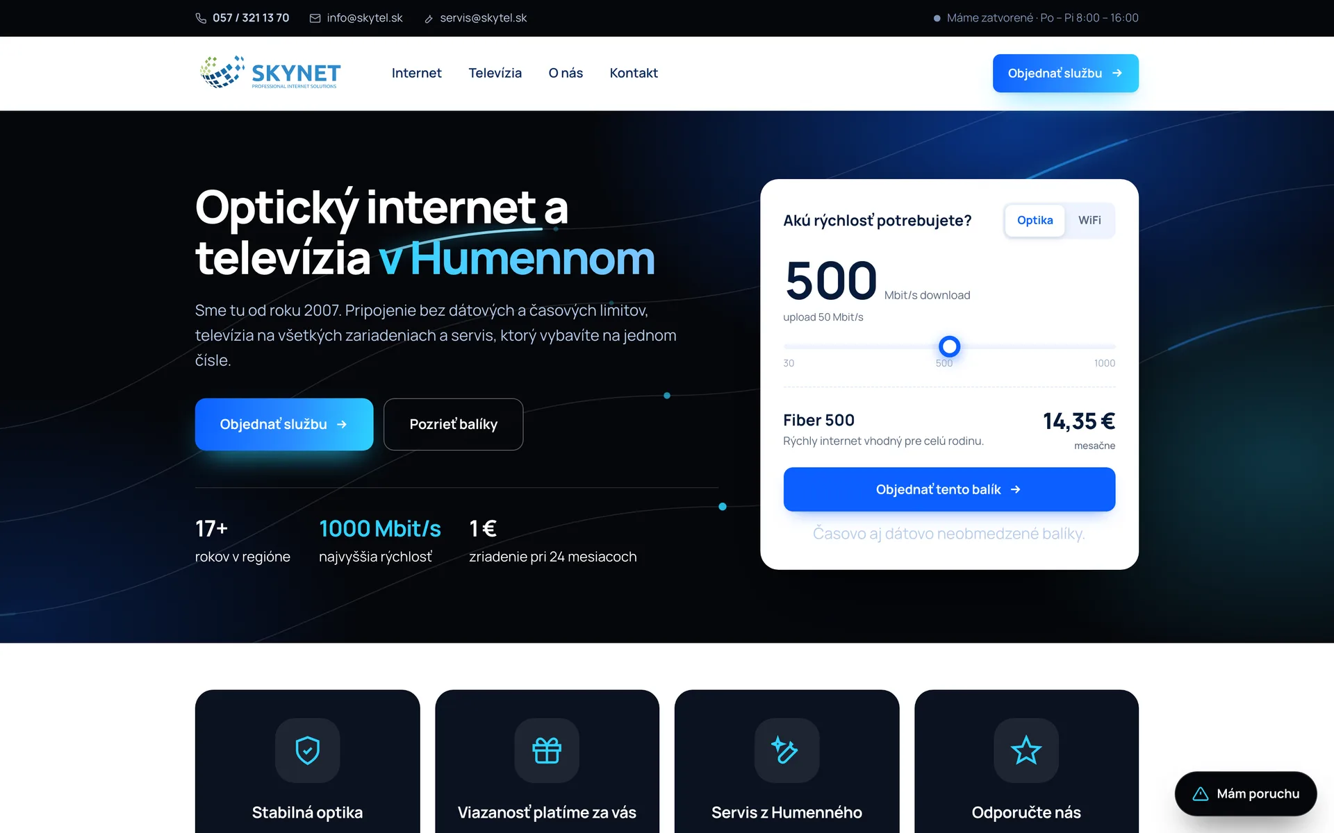 Úvodná stránka webu SkyNet Telecom
